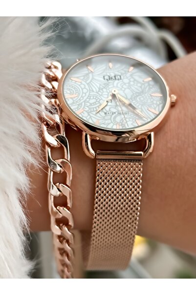 Q&Q Hasır Kordon 2yıl Garantili Rose Renk Çiçek Desenli Kadın Kolsaati+bileklik