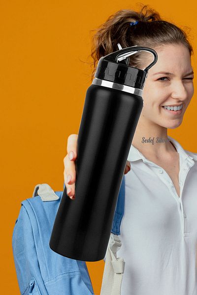 SEDEF SİLVER 500 ml Double Layer Steel Flask with Spout Thermos with Straw