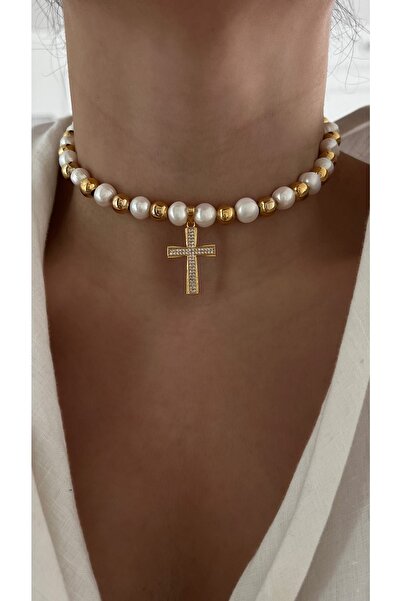 Vi store Gerçek Barok Incili Cross Choker