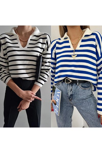 Jose Clothing Women's Polo Neck Striped Long Sleeve Knitwear Sweater Set of Two
