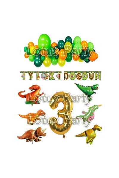 LOTUS PARTY 3 Year Old Birthday Party Set with Safari Dinosaur (Safari Banner - 6-Piece Dinosaur Foil Balloon - 1 Figure)