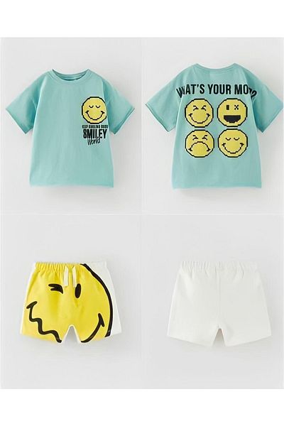 Pink Hippo Kids Unisex Smiley Printed Children's Double Bottom Top Set with Shorts