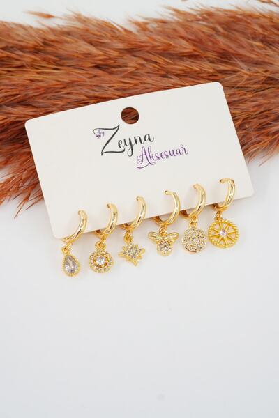By Zeyna Aksesuar Kadın Altın Kaplama Zirkon Işleme Kıkırdak Model 6 Lı Küpe ...