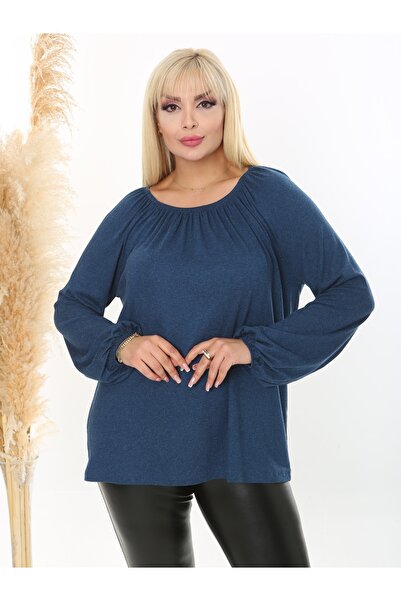 LİKRA Women's Plus Size Madonna Collar Flexible Wool Viscose Blouse