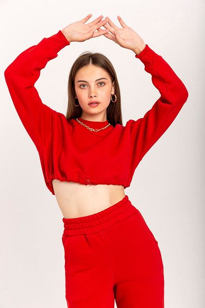 Lucax Hanorac de damă cu mânecă lungă din țesătură cu 3 fire înălțate - Sweat crop de culoare roșie