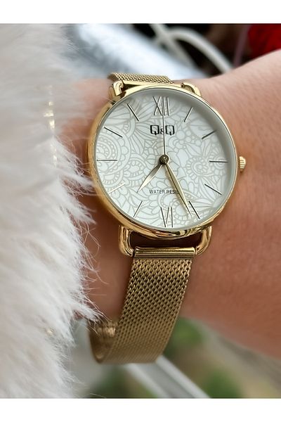 Q&Q Brand Mesh Strap, Waterproof, Gold Color Flower Patterned Women's Wristwatch + bracelet