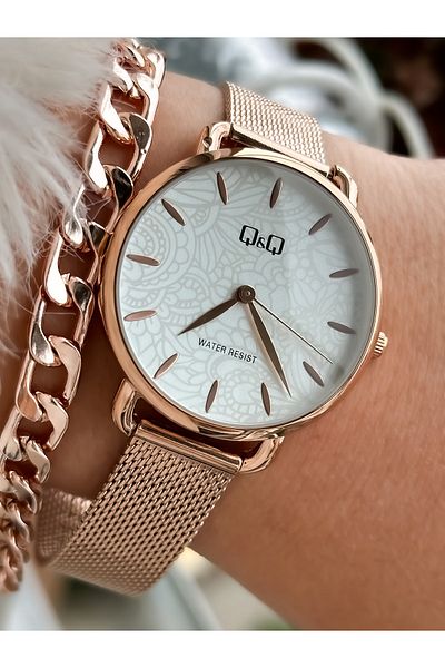Q&Q Wicker Cord Rose Color Flower Patterned Women's Wristwatch + bracelet