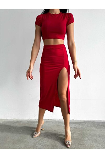 khar Women's Sandy Fabric Skirt Suit Red