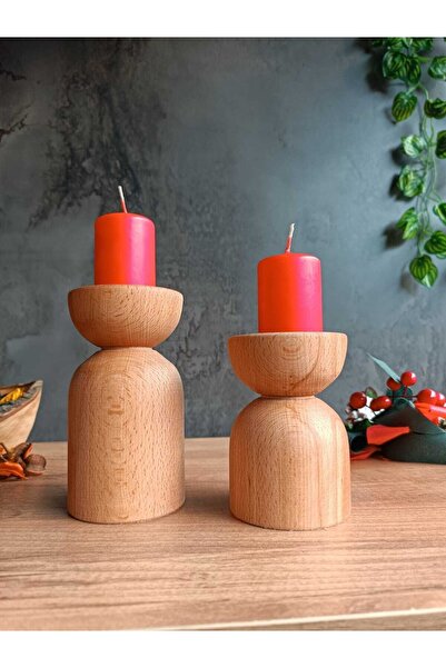 Woodalica Ahşap Şamdan Mumluk 2'li Set Iskandinav Minimal Tarz Ev Dekorasyon