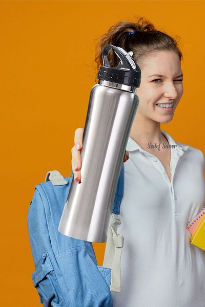 SEDEF SİLVER 500 ml Double Layer Steel Flask with Spout Thermos with Straw