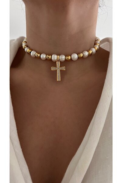 Vi store Gerçek Barok Incili Cross Choker