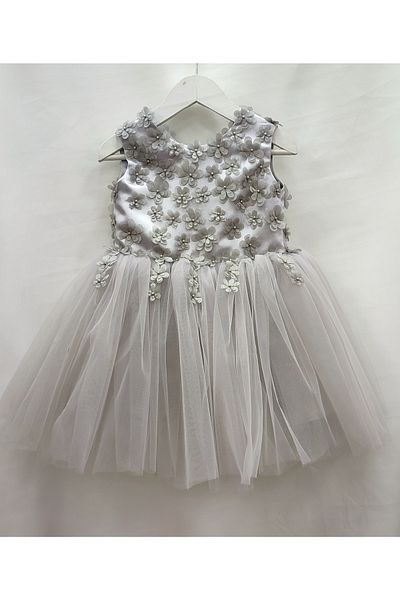 MODA NUR . 1 Year Old Gray Children's Dress. Gray Patterned Tulle Skirt, Lined at the bottom, Patterned on the body