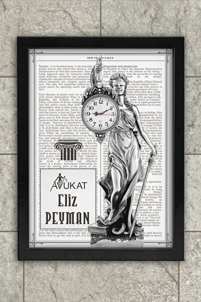 Atika Çerçeveli Saatli Avukat Tablo / Hukuk Bürosu Dekoru / Saatli Adalet Tanrıçası