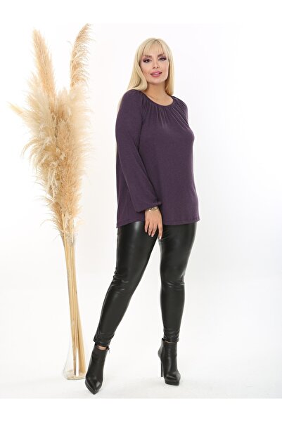 LİKRA Women's Plus Size Madonna Collar Flexible Wool Viscose Blouse