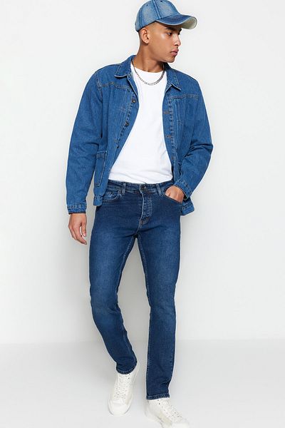 Trendyol Collection Sötétkék Slim Fit Slim Fit rugalmas szövet farmer farmer nadrág TMNAW23JE00071