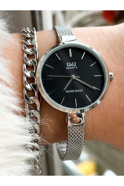 Q&Q Brand Steel Mesh Thin Strap, Waterproof, Silver Color Women's Wristwatch+bracelet