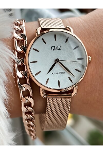 Q&Q Hasır Kordon 2yıl Garantili Rose Renk Çiçek Desenli Kadın Kolsaati+bileklik