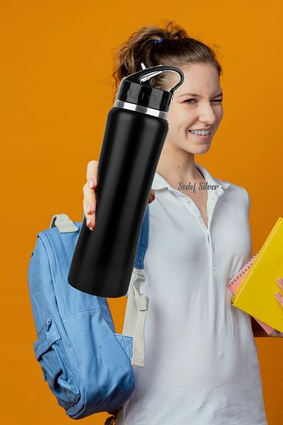 SEDEF SİLVER 500 ml Double Layer Steel Flask with Spout Thermos with Straw