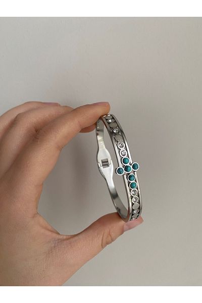 Owentis Steel Silver Stone Ethnic Bead Turquoise Clamp - No Darkening-