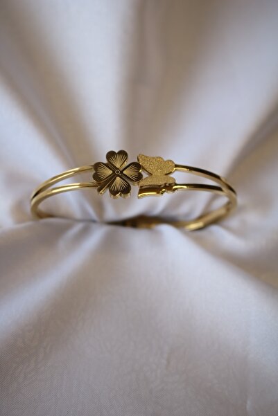 No:53 Bijuteri Çelik Kelebek-yonca Detaylı Kelepçe Bileklik - Kararmaz