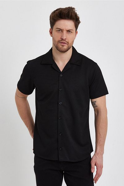 DOAYS Мъжка риза Slim Fit с отворена яка и къс ръкав на точки, лятна риза, комплект от 2 (черна-be