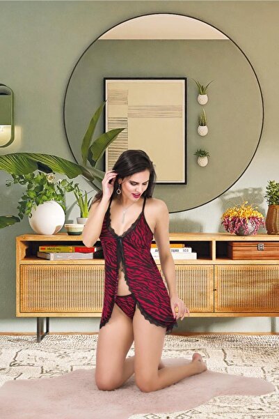 İzabel Black Lace Detailed Burgundy Zebra Patterned Women's Mini Tunic