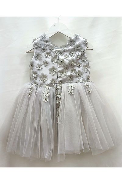 MODA NUR . 1 Year Old Gray Children's Dress. Gray Patterned Tulle Skirt, Lined at the bottom, Patterned on the body