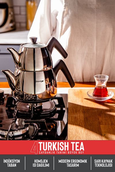 Stevig 4 إبريق شاي تركي 18/10 ستانلس ستيل مقاس كبير St-501