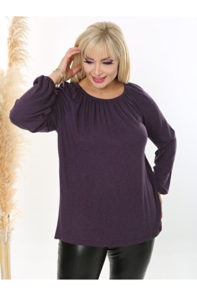 LİKRA Women's Plus Size Madonna Collar Flexible Wool Viscose Blouse