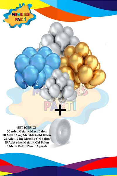 BARN MEMBERS Metallic Blue - Gold - Gray Balloon Set + Balloon Chain Attachment + Balloon Inflator Pump