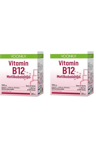 Voonka Vitamin B12 Spray & Drop Biscuit and Vanilla Flavored - 1000 Mg B12 20 ml * 2 Pieces