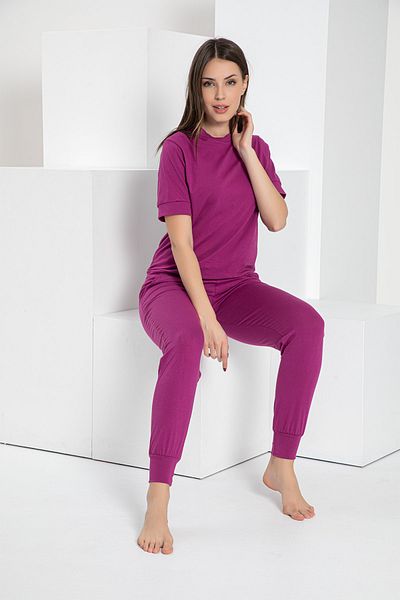 MyBen Set de trening cu mânecă scurtă cu buzunare de culoare violet, cu decolteu, 2203