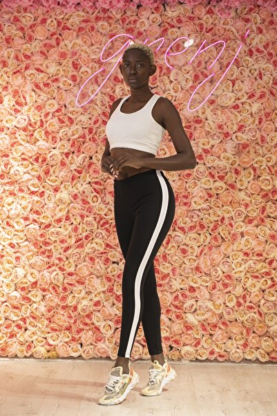 Grenj Fashion Siyah Yüksel Bel Yanı Beyaz Şeritli Toparlayıcı Tayt