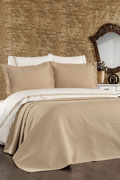 Minelya Home Collection طقم مفرش سرير وغطاء وسادة مكون من 3 قطع من قطن بيجونيا بيكيه 100% بيج