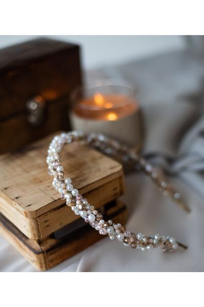 Eva Flore Pink Brown Jewelled Pearl Crown, Engagement Bridal Crown