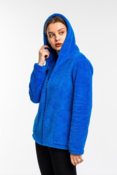 MODA VUSLAT Kadın Saks Mavisi Fermuarlı Polar Hırka