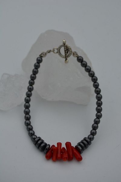 Stoneage Hematite and Coral Stone Evil Eye and Healing Bracelet