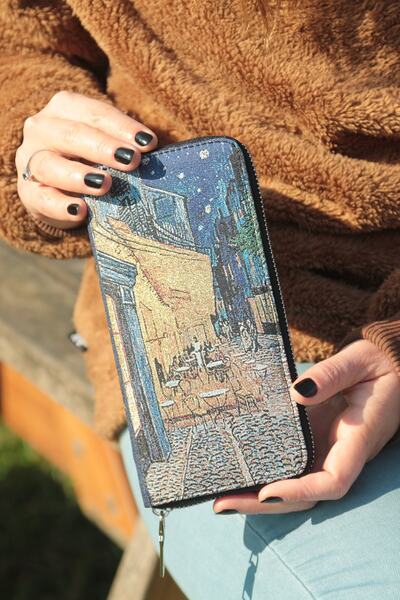 New Old Women's Wallet and Card Holder Metallic Yellow Detailed Navy Blue Color Painting Woven Fabric 9.75x 19.50cm