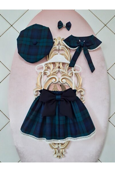 Baby Girl Green Plaid Skirt & Hat & Vıntage Collar & Buckle Set