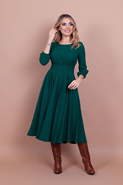 Bidoluelbise Γυναικείο Σμαραγδένιο Μίντι Μήκος Τσέπη Φόρεμα με λεπτομερή στρογγυλή λαιμόκοψη