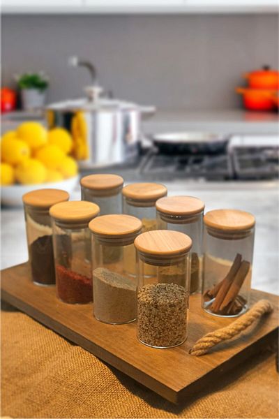 Sezka Life طقم مرطبان زجاجي بغطاء مفرغ من الخيزران سعة 8 قطع 300 مل - 6 × 12 سم