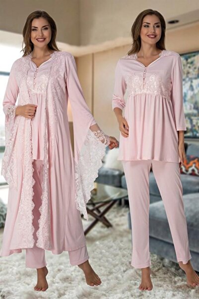 Lohussa Effort Pembe Özel Dantelli Lohusa Hamile Sabahlıklı Pijama Takımı