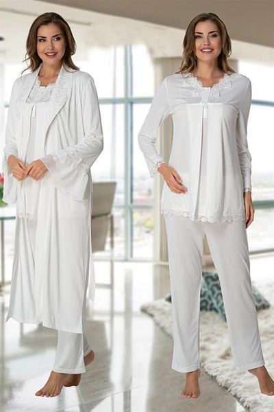 Lohussa Effort Ecru Lace Long Maternity Maternity Pajama Set with Dressing Gown