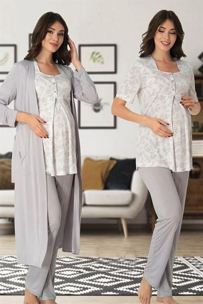 Lohussa Effort Gray Patterned Maternity Maternity Pajamas Set with Dressing Gown