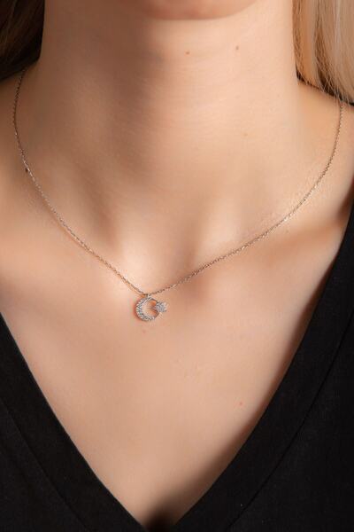 Hiç Gümüş Beyaz Zirkon Taşlı Gümüş Altın Kaplama Ayyıldızlı Gümüş Kolye 925 Ayar