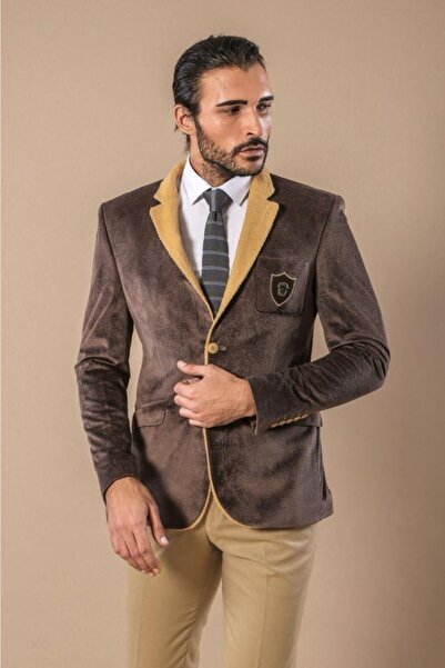 Wessi Erkek Kahverengi Armalı İçi Kürklü Velvet Slim Fit Ceket