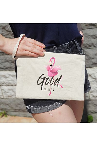PEKSHOP Γυναικεία τσάντα μακιγιάζ Flamingo Good Vibes με γραπτή επένδυση