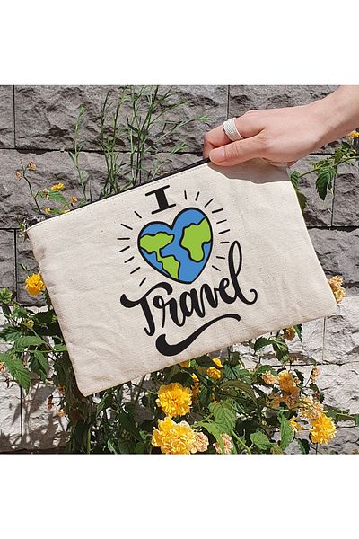 PEKSHOP I Love Travel Written Lined Τσάντα Μακιγιάζ