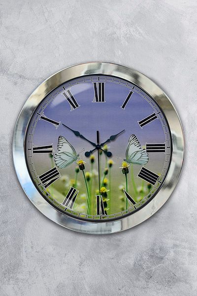 Kasva Concept Gift 36 cm Chrome Metal Butterfly Wall Clock