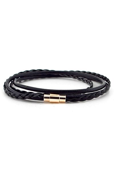Solfera Men's Yellow Color Magnetic Clip Wrap Black Leather Bracelet Bt501